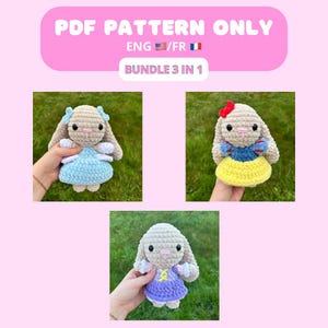 Peut inclure: Un lot de trois patrons de lapin en crochet. Chaque lapin porte une robe de couleur différente. Les robes sont bleues, jaunes et violettes. Le patron est disponible en anglais et en français.  PDF PATTERN ONLY. BUNDLE 3 IN 1.