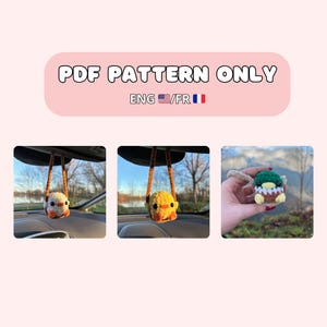 May include: PDF pattern for crocheting a small, hanging duck. The duck is shown in three different colors: white, yellow, and green. The pattern is available in English and French.