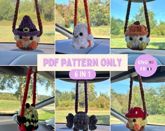 6 in 1 Crochet Pattern: Halloween animal on a swing car hanger, miror hanger, PDF, amigurumi (english and french version)