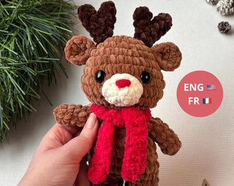 Crochet pattern: standing christmas reindeer, PDF, amigurumi (english and french version)