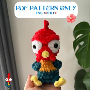 Peut inclure: Un modèle de crochet pour un coq rouge, jaune et bleu avec de grands yeux. Le modèle est disponible en anglais et en français. PDF PATTERN ONLY ENG/FR