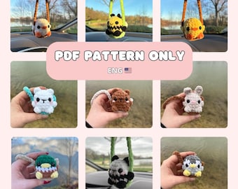 6 in 1 crochet pattern: animals on a swing car hanger, mirror hanger, PDF, amigurumi (english version)