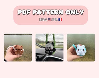 Crochet pattern: panda/bear on a swing car hanger, mirror hanger, PDF, amigurumi (english and french version)