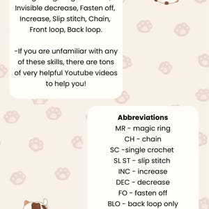 May include: A light beige graphic with text listing crochet skills and abbreviations. The text includes "Skills Required" and "Abbreviations" with a cute cartoon cat illustration. The image also includes the text "-If you are unfamiliar with any of these skills, there are tons of very helpful Youtube videos to help you!"