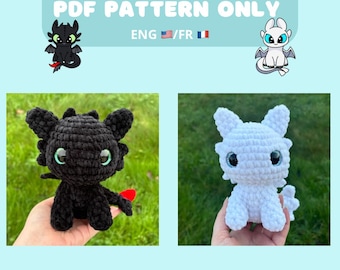 Bundle Crochet pattern 2 in 1: black and white dragon, PDF, amigurumi (english and french version)