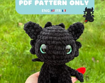 Crochet pattern: black dragon, PDF, amigurumi (english and french version)