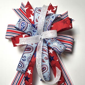 Patriotic Multi-Loop Bow | Red White Blue Stars Stripes Glitter Ribbon Wreath Accent