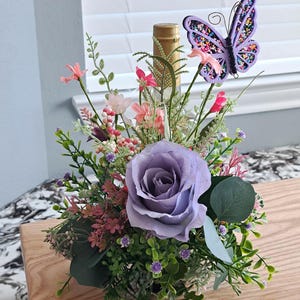 Faux Floral Bottle Bouquet Arrangement: Wedding Centerpiece with Butterfly