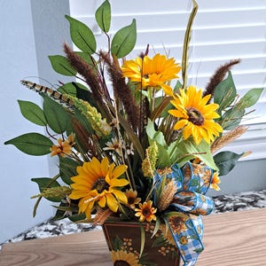 Rustic Sunflower Floral Centerpiece with Ribbon | Fall Table Decor | Farmhouse Arrangement | Faux Flowers in Wood Box
