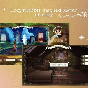 Peut inclure: Un design de superposition numérique pour les streams Twitch, inspiré du Hobbit. Le design présente deux scènes encadrées avec un thème fantastique et confortable, avec du texte qui dit "Cozy HOBBIT Inspired Twitch Overlay", "now playing", et "new follower".