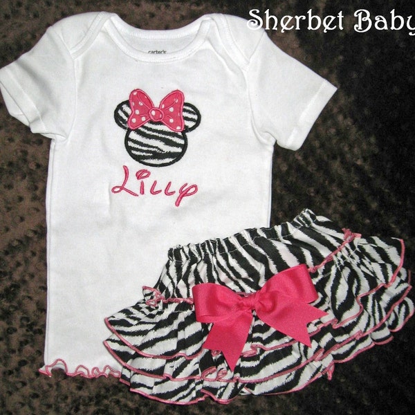 Sassy Pants Ruffled Diaper Cover and Bodysuit or Tshirt with Lettuce Edge Hem Appliqued Minnie Mouse Zebra Available in Print Red or Pink Combination  Hairbows Now Available to Match Also