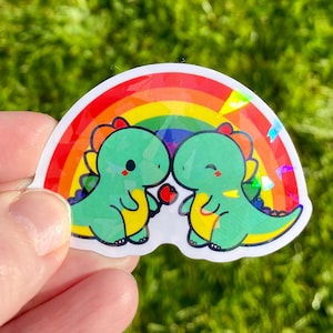 Rainbow Dinosaur Couple Sticker | Cute LGBTQ Pride Vinyl Sticker | Holographic Prism Effect Vinyl