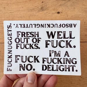 Puede incluir: Una pegatina blanca con texto negro. La pegatina dice: "FRESH OUT OF FUCKS. WELL FUCK. I'M A FUCK FUCKING DELIGHT. ABSOFUCKINGLUTELY."