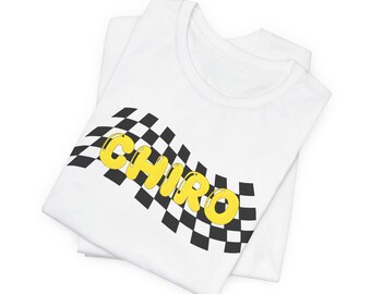 CHIRO Checkerboard Wave T-Shirt | Yellow Graffiti Text, Racing Flag Design