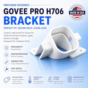 May include: A white 3D printed mounting bracket for Govee Pro H706 permanent outdoor lights. The bracket features a square-shaped housing with a flat base and mounting holes on each side, designed for secure installation and weather resistance.