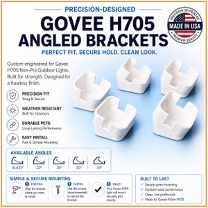 May include: Four white 3D printed angled brackets for Govee H705 outdoor lights. The image includes text detailing precision fit, weather resistance, durable PETG material, easy installation, available angles from 18.435 to 45 degrees, and mounting steps.