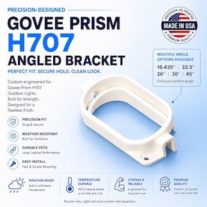 May include: A white, 3D-printed Govee Prism H707 angled bracket with a rectangular frame and mounting holes. Text on the image includes: PRECISION-DESIGNED GOVEE PRISM H707 ANGLED BRACKET, MADE IN USA, and multiple angle options: 18.435°, 22.5°, 26°, 30°, 45°.