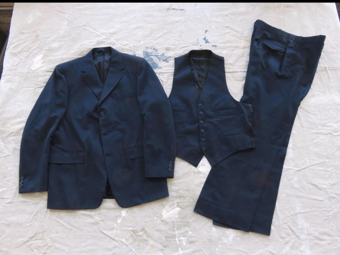 1980s  Vintage Three-Piece Pinstripe Navy Suit