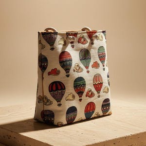 May include: A rectangular tote bag with a cream-colored background and a repeating pattern of colorful hot air balloons. The balloons are red, blue, green, and purple. The bag has rope handles.