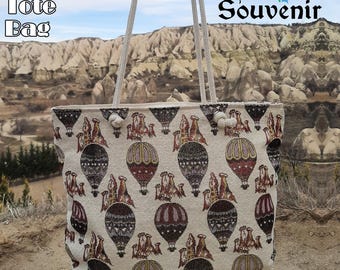 Cappadocia Balloon Tapestry Tote Bag, Ethnic Kilim Style