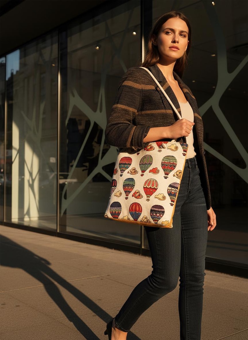 May include: A beige tote bag with a colorful hot air balloon pattern. The bag is carried by a person wearing a striped jacket and dark jeans. The bag has a cream-colored strap and a yellow border.