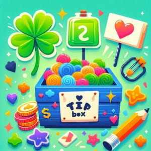 May include: A whimsical illustration featuring a blue tip box filled with colorful swirl candies. A sign on the box reads "TIP box" with a heart symbol. Other elements include a four-leaf clover, coins, stars, and a pencil.