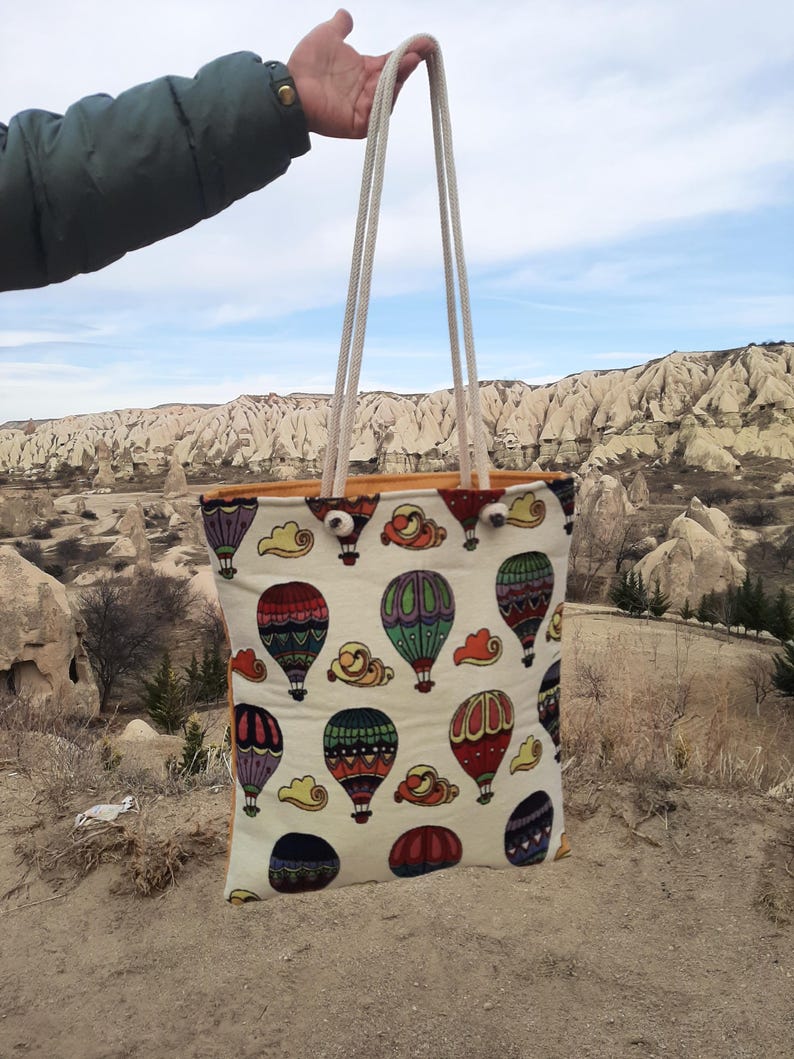 Balloon Patterned Tote Bag, Women Bag, Wholesale Bag, Gifts for Her, Birthday Gift, Capadocia Themed Oriental Bag, Gifts for Him