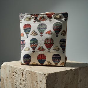 May include: A cream-colored tote bag with a repeating pattern of colorful hot air balloons and clouds. The balloons are in various colors, including red, blue, green, and orange. The bag has a brown trim and a button closure.