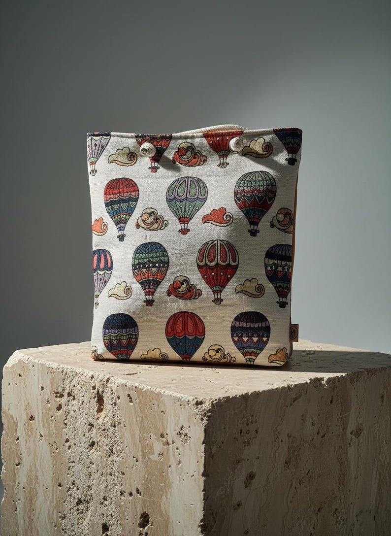 May include: A cream-colored tote bag with a repeating pattern of colorful hot air balloons and clouds. The balloons are in various colors, including red, blue, green, and orange. The bag has a brown trim and a button closure.
