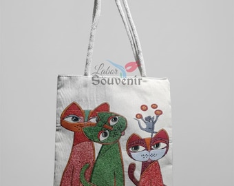 Cat Art Print Canvas Tote Bag, Oversized Shopper