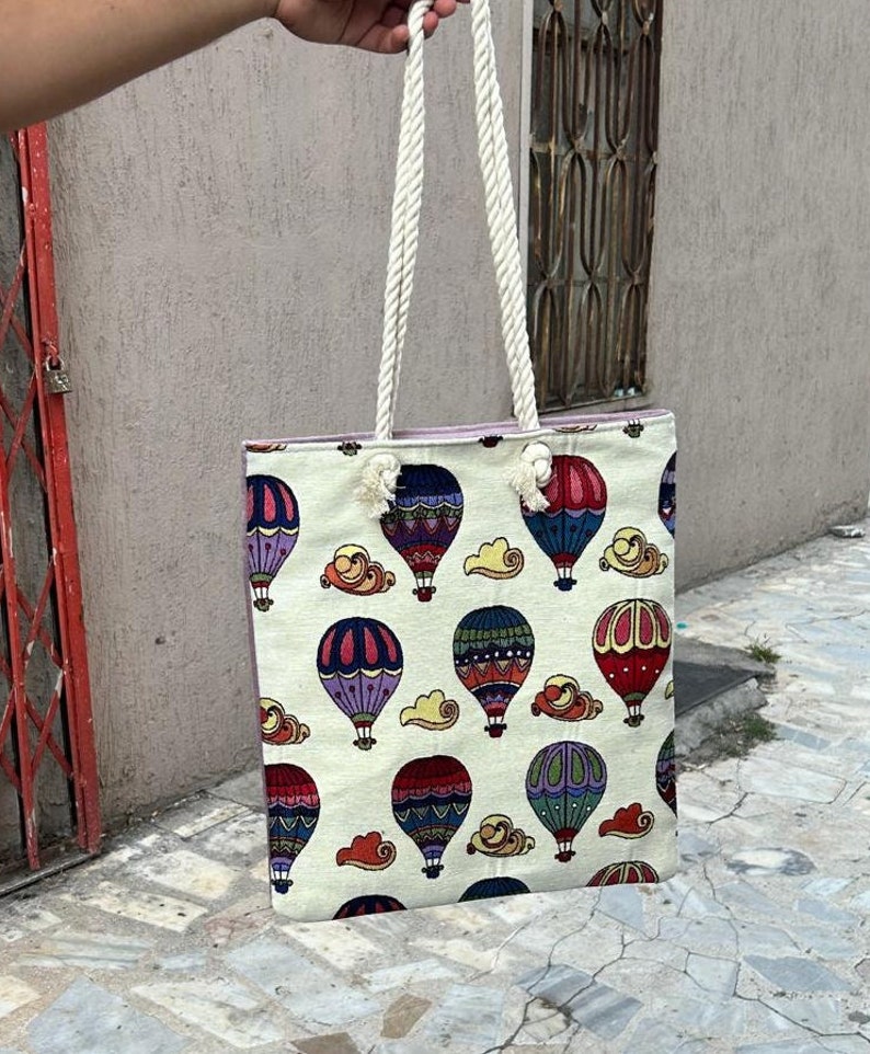 Balloon Patterned Tote Bag, Women Bag, Wholesale Bag, Gifts for Her, Birthday Gift, Capadocia Themed Oriental Bag, Gifts for Him