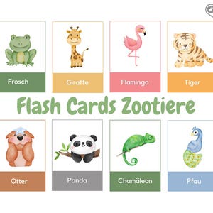 Cartões ilustrados Animais do zoológico - Cartões de memória - Cartões de aprendizagem para crianças - Download digital - PDF para impressão - Montessori