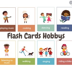 Cartões ilustrados Hobbies em inglês - Flash Cards Cartões de aprendizagem para crianças - Download digital - PDF para impressão