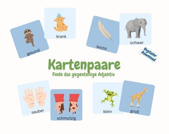 Könnte beinhalten: Ein Satz bunter Karten mit Illustrationen und deutschen Wörtern. Die Karten sind dazu gedacht, Kindern zu helfen, gegensätzliche Wörter zu lernen, wie z. B. "gesund" und "krank".