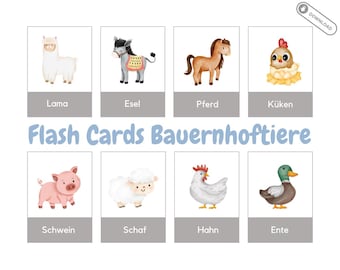 May include: Flash cards featuring farm animals with illustrations of a llama, donkey, horse, chick, pig, sheep, rooster, and duck. Each card has the animal's name in German below the image.