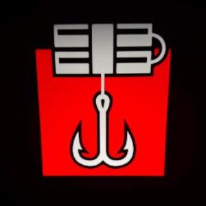 May include: A red square with a white outline, featuring a white graphic of a fishing hook hanging from a rectangular object. The background is black, creating a high-contrast image.