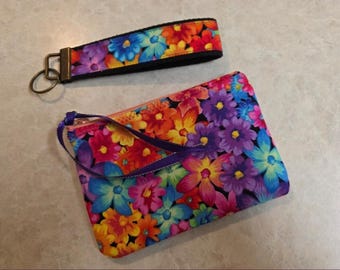 Pretty Little Flowers Coin Change Purse plus Key Chain Fob