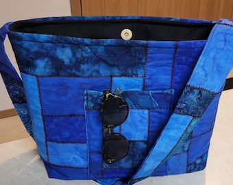 Blue Batik Fabric Blocked OmbreTote Bag Purse Hobo Boho
