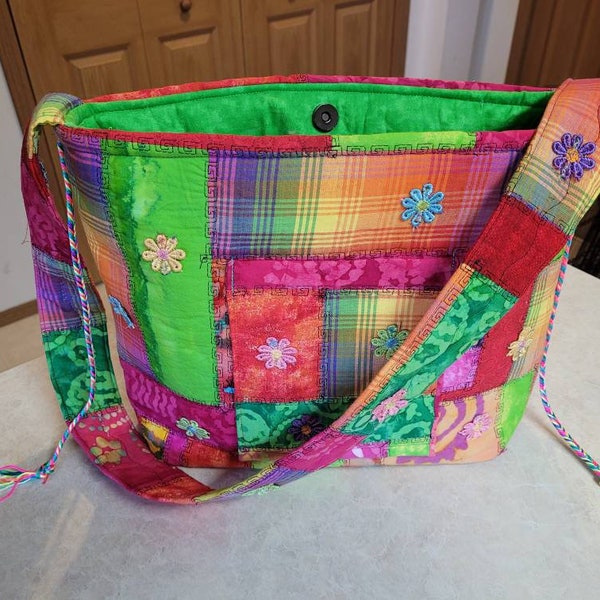 Tote Bag Purse Orange Lime Green Orange Pink Batik Fabric Handbag Pocketbook   Purse Boho Hippy Bright Bold Vivid Colors!