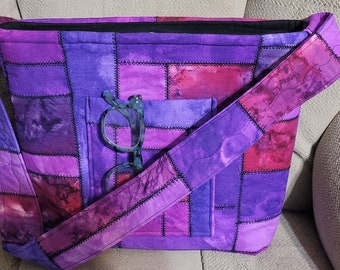 Handmade Purple Batik Tote Bag, Quilted Hobo Purse with Pockets
