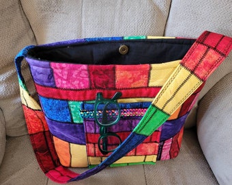 Rainbow Quilted Tote Bag with Coin Purse, Handmade Shoulder Bag