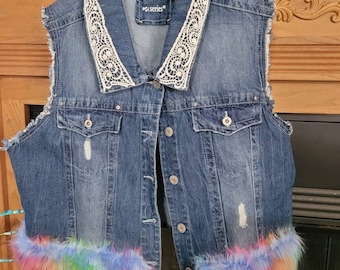 Funky Wear Upcycled Sleeveless Jean Jacket Fun Colorful ArtWear One Of a Kind Unique