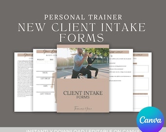 May include: A set of printable client intake forms for personal trainers. The forms are designed in a minimalist style with a beige background and black text. The forms include sections for client information, body composition, and fitness goals.