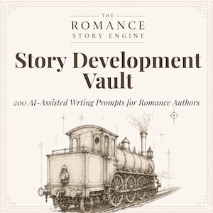 May include: A square graphic featuring the text THE ROMANCE STORY ENGINE, Story Development Vault, and 200 AI-Assisted Wrting Prompts for Romance Authors. Below the text is a detailed brown-toned line drawing of a vintage steam locomotive train.