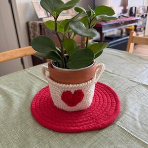 May include: A small potted plant with green leaves sits in a terracotta pot, nestled in a cream-colored crocheted cozy with a red heart. The pot rests on a round, red braided coaster, all on a green tablecloth.