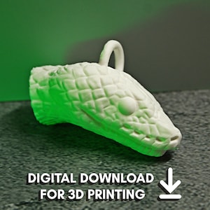 May include: A white 3D printed snake head pendant featuring detailed scale textures and a small loop at the top for attachment. The text DIGITAL DOWNLOAD FOR 3D PRINTING is displayed below the object with a downward arrow icon.