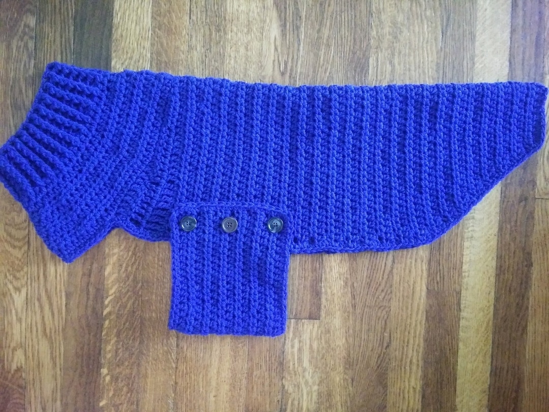 Crocheted Dog Sweater LARGE Size PDF PATTERN, Ribbed Neck, Buttoned Flap, Elegant Simple Style