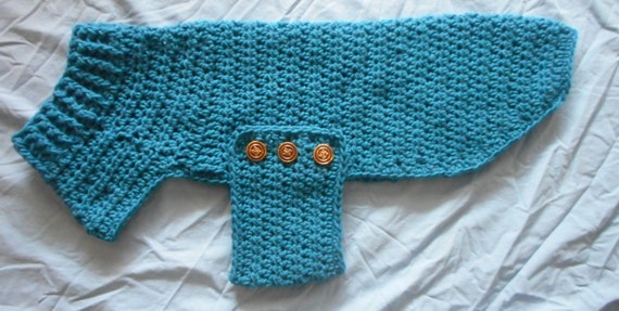 Crocheted Dog Sweater PDF PATTERN, ribbed neck, buttoned flap, elegant simple style.  Instant Download.