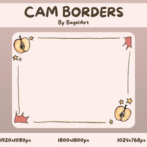 May include: A digital art graphic with the text "CAM BORDERS By BagelArt". The design features a light pink rectangle with a border of thin brown lines, apples, stars, and red accents in the corners. The image has three different pixel dimensions.