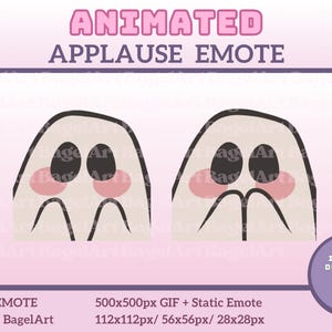 Könnte beinhalten: Animiertes Applaus-Emoji mit einem weißen Geist mit schwarzen Augen und rosafarbenen Wangen. Der Geist klatscht in die Hände. Das Emoji ist in GIF- und statischem Format verfügbar.